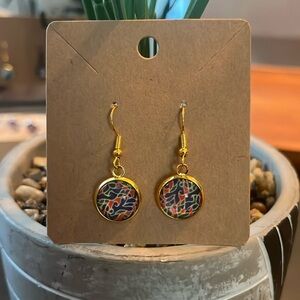 Hand Crafted Red, Green, Blue, White Abstract Design Drop Earrings